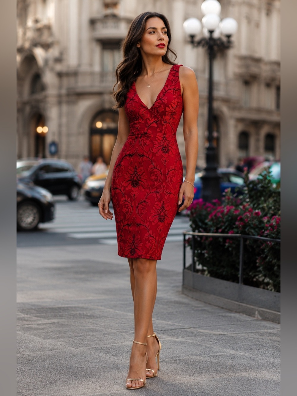 NWT Siena Red Black Brocade Floral Bodycon Midi Dress Size 8 Cocktail Party